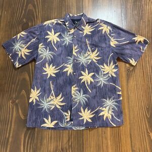BAMBOO CAY Mens Hawaiian Shirt Medium Navy Palm Tree Print Cotton Aloha Top